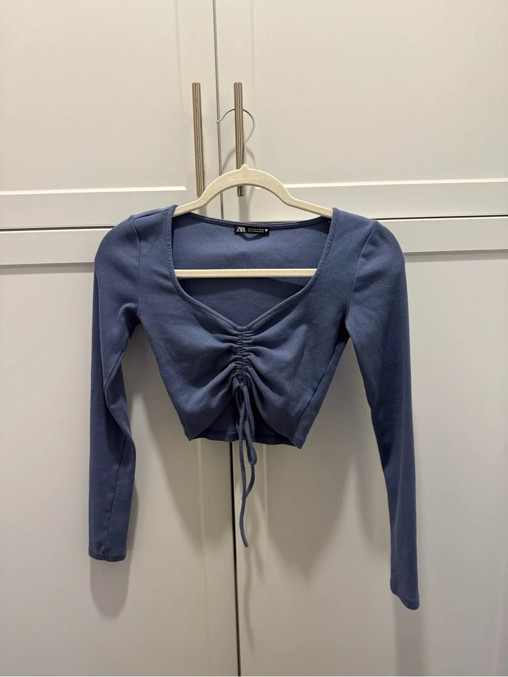 Zara Dusty Blue Ruched Tie-Front Long Sleeve Crop Top